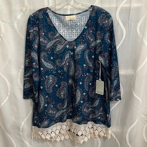 Dept. 222 Blue & Paisley Print, Lace Hemmed Blouse, Size PL.